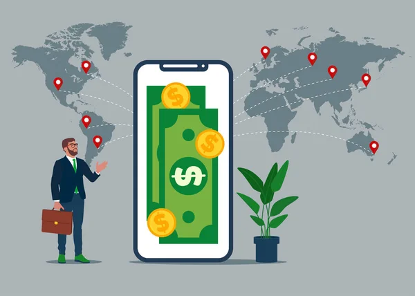 Businessman Showing Smartphone Mobile Payments World Infographic Vector Illustration Flat — Stok Vektör