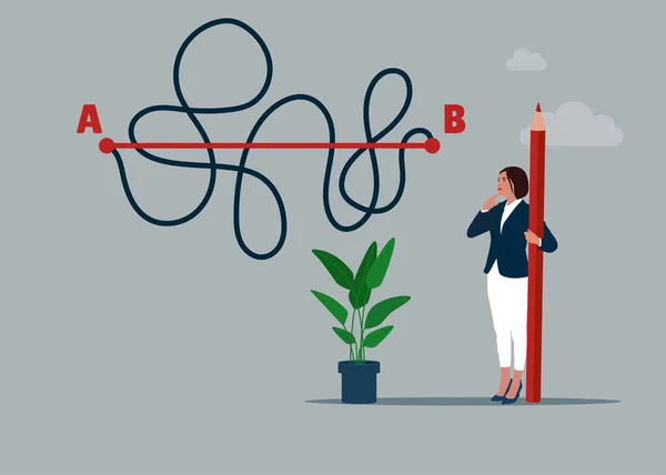 手握红笔的女商人从A点走到B点 到目标的最短距离 赢得商业成功的捷径 — 图库矢量图片