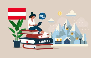 İnternetteki Almanca kursu. Ana dili ile yabancı diller çalış. Küresel iletişim fikri. Vektör illüstrasyonu.