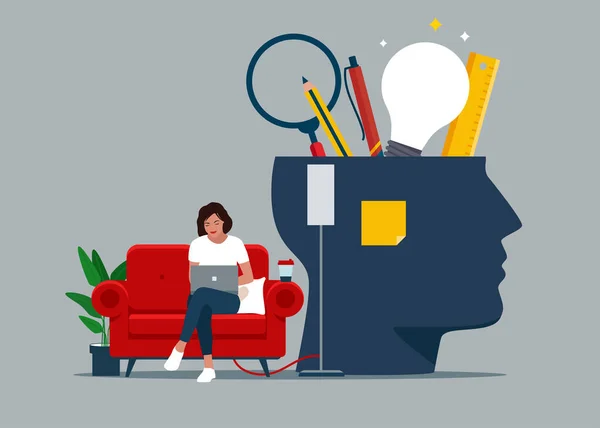 心を開き 新しいスキルと創造力 ビジネス創造的なアイデア ソファに座ってるフリーランスの女の子 平面ベクトル図 — ストックベクタ