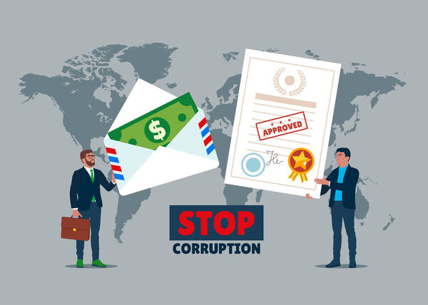 Stop bribery and corruption. Businessman gives envelope with banknotes, other man holds accepted contract. Successful bribe deal. Flat Vector illustration.