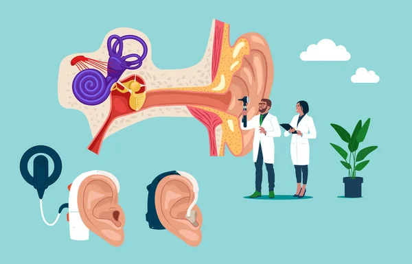 医生听觉师与仪器检查巨大的生病的耳朵 耳鼻喉科医生性格检查听力 Otitis Pain Tinnitus Disease Treatment — 图库矢量图片