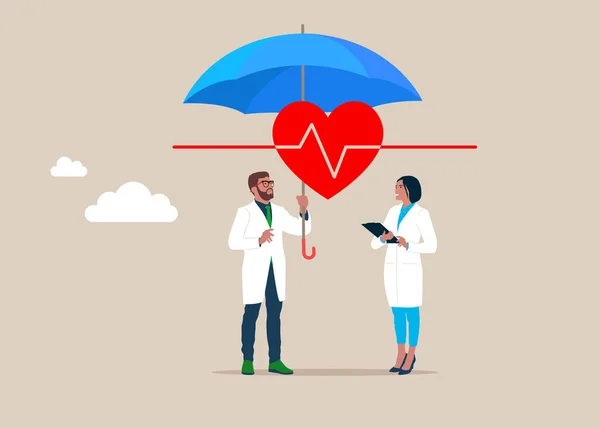 Doktorn Håller Ett Paraply Skyddar Hjärtat Sjukförsäkring Skyddskoncept Vård Sjukvård — Stock vektor