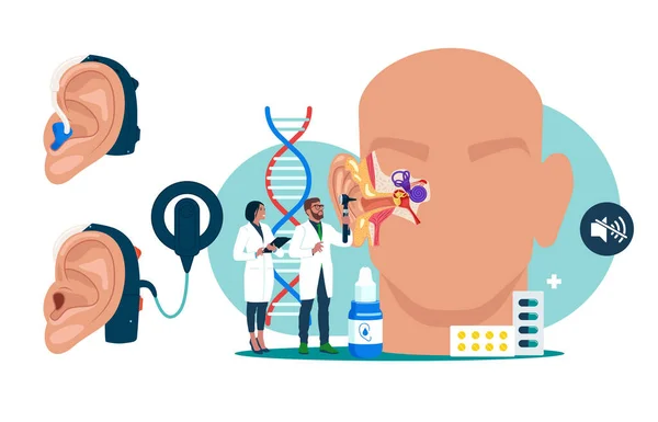 Médecins Audiologiste Avec Instrument Check Énorme Oreille Malade Otolaryngologue Vérification — Image vectorielle