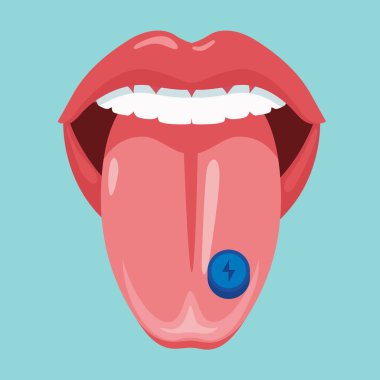 Ecstasy haplı dil. Yıldırım sembollü dilde ekstazi. Düz vektör illüstrasyonu.