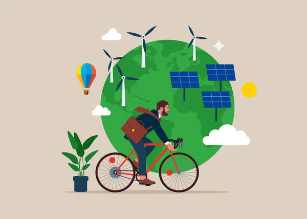 Personas Que Utilizan Tecnología Ecológica Empresario Bicicleta Cerca Paneles Solares — Archivo Imágenes Vectoriales
