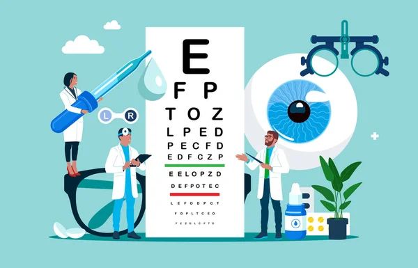 Soins Oculaires Tests Diagnostic Vue Equipement Laboratoire Ophtalmologie Contrôle Vision — Image vectorielle