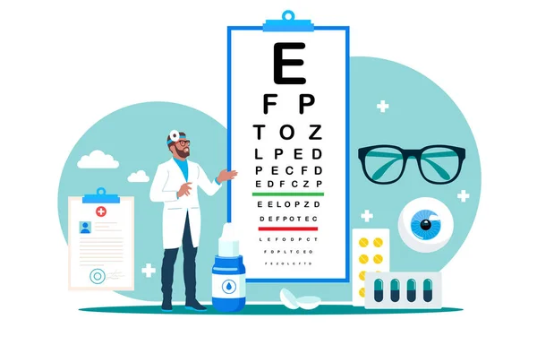 Control Oftalmológico Vista Del Médico Procedimiento Prueba Ocular Gafas Graduadas — Vector de stock