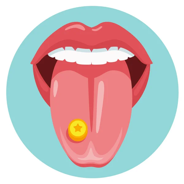 Mdma Nyelv Sárga Csillag Szimbólum Drogos Ecstasy Tablettával Lapos Vektor — Stock Vector