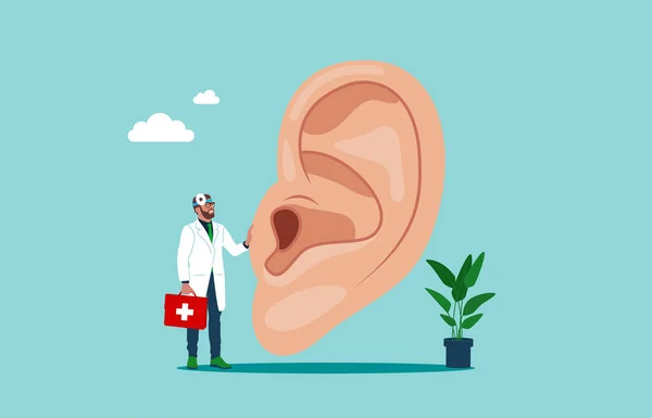 Lekarz Specjalista Trzyma Duży Znak Ludzkie Ucho Uszy Lekarza Ilustracja — Wektor stockowy