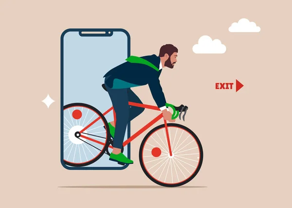 Homme Affaires Faisant Vélo Sortant Écran Téléphone Portable Style Vie — Image vectorielle