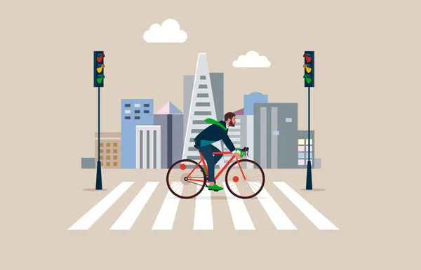 Homme Affaires Navetteur Vélo Rendant Travail Ville Crossing Road Crosswalk — Image vectorielle