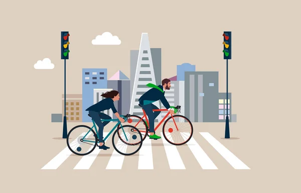 Επιχειρηματίας Και Γυναίκα Commuter Ποδήλατο Ταξιδεύοντας Στην Εργασία Στην Πόλη — Διανυσματικό Αρχείο