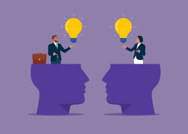İş adamı, insan beyninden iş ampulü fikirlerini değiş tokuş etmeye açıktır. Fikir alışverişi beyin fırtınası, bilgi, yaratıcılık ve yenilik üzerine. Düz vektör illüstrasyonu.
