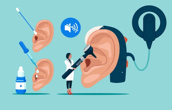 医生听觉师与仪器检查巨大的生病的耳朵 耳鼻喉科医生性格检查听力 Otitis Pain Tinnitus Disease Treatment 人工耳蜗植入和助听器 — 图库矢量图片