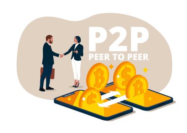 Şifreli para değişimi bitcoin, finansal teknoloji. Ortağıyla iş adamı akıllı telefonla dijital para alışverişinde bulunuyor. P2P, akranlardan Fintech 'e. Düz vektör illüstrasyonu.