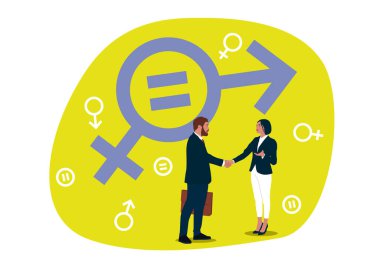 İş adamı ve iş kadını el ele tutuşuyor, cinsiyet eşitliğinin seks sembolü. Düz vektör illüstrasyonu. 