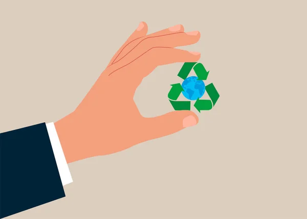 Empresario Mano Apuntando Icono Del Reciclaje Cuidado Del Medio Ambiente — Archivo Imágenes Vectoriales