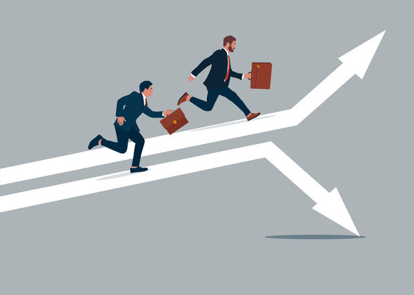 Two businessmen running on an up and down arrow. Risk of investing in different businesses, competition in business, profits, losses. Flat vector illustration.