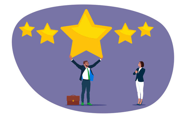  Businessman holding a yellow star placed in the middle of 5 stars on purple background. Satisfaction rating work evaluation. Flat vector illustration.