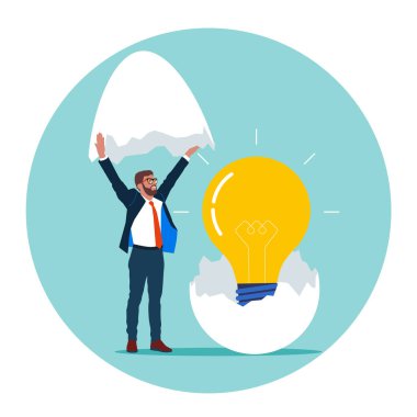  İş adamı içinde ampul olan bir yumurta keşfetti. Yeni yaratıcı fikir, girişimcilik ya da girişim, yenilik. Düz vektör illüstrasyonu.