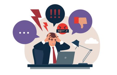 vector cartoon illustration. angry man with icons, angry businessman