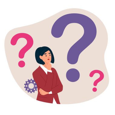 İş kadını her şeyden şüphe eder ve sorgular. Etrafı soru işaretiyle çevrili genç kız. Düz çizgi film vektör çizimi.