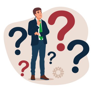 İş adamı her şeyden şüphe eder ve sorgular. Genç adam bir soru işaretiyle çevrili. Düz çizgi film vektör çizimi.