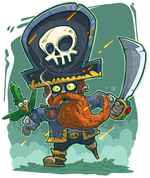 Karikatur Rotschopf bärtiger Pirat mit grünem Papagei — Stockvektor