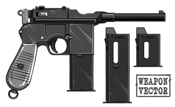带弹药夹的黑色和白色旧手枪图形 — 图库矢量图片
