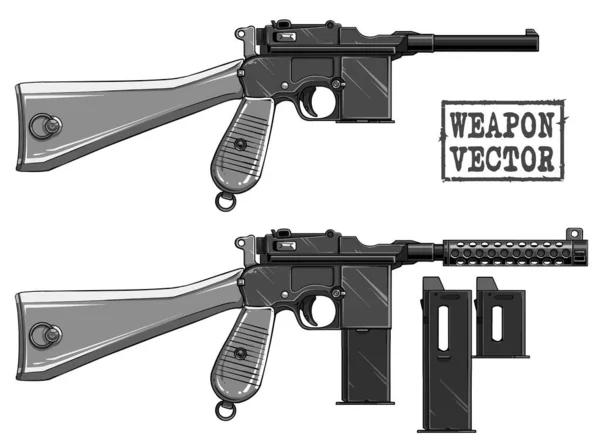 Γραφικό μαύρο και άσπρο παλιό πιστόλι με πυρομαχικά κλιπ — Διανυσματικό Αρχείο