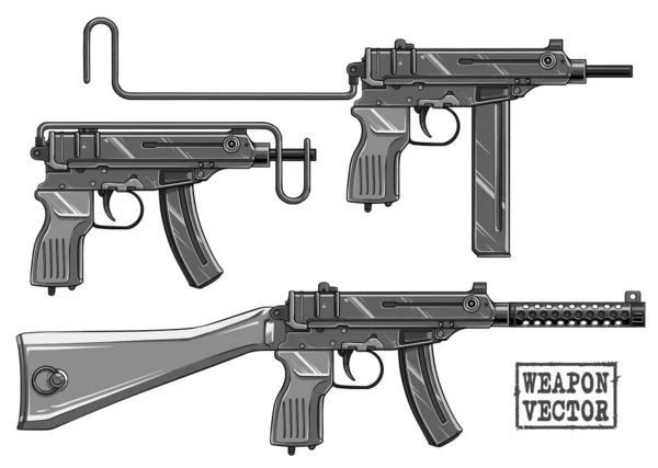 Grafikus silhouette submachine pisztoly lőszer csíptetővel — Stock Vector