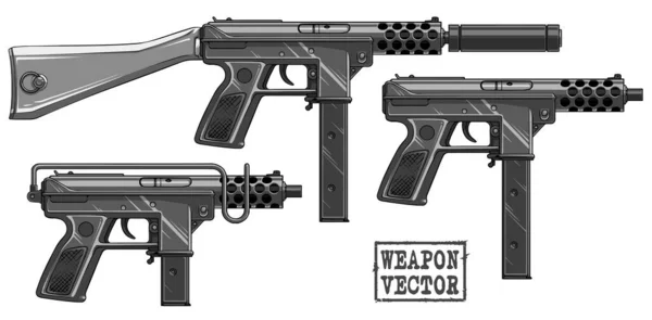 Graphic silhouette submachine gun with ammo clip — Stock Vector