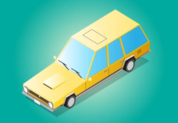 Cartoon yellow old retro flat isometric long car —  Vetores de Stock