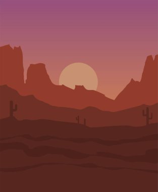 Cartoon silhouette mountains and hills at sunset on wild west desert with cactus. Vector landscape background in red and violet tones.