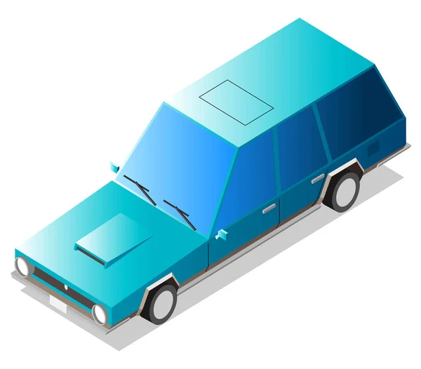 Cartoon Blue Old American Retro Isometric Long Car Shadow Isolated — Stockvektor