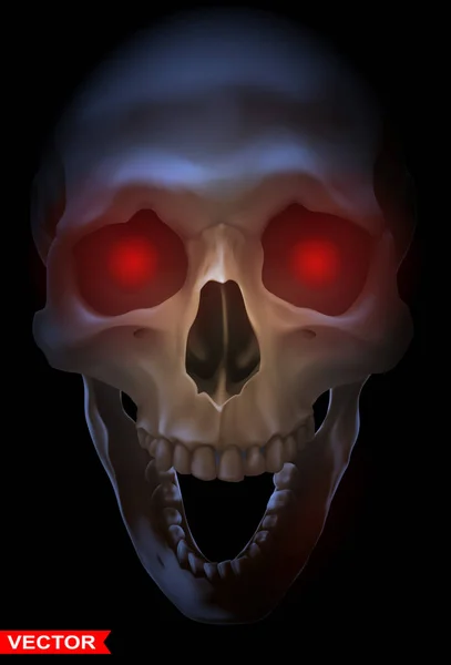 Detailed Graphic Photorealistic Black White Smiling Human Skull Red Eyes — Stok Vektör