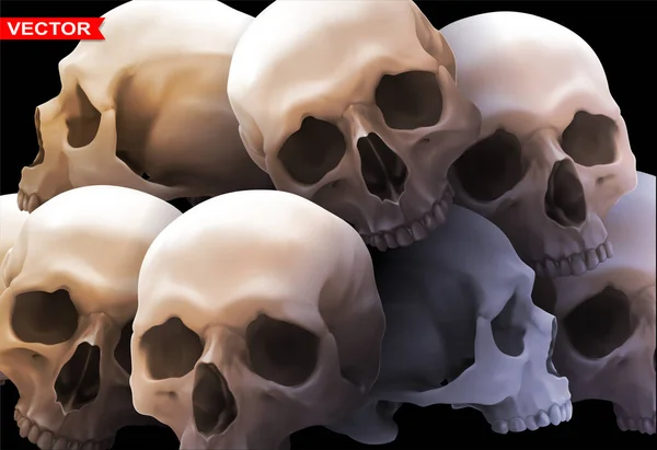 Detailed Graphic Photorealistic Colorful White Human Skulls Lying Big Stack — Image vectorielle
