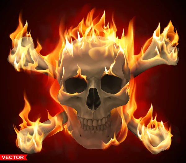 Detailed Graphic Realistic Burning Human Skull Crossed Bones Fire Flames — Vettoriale Stock