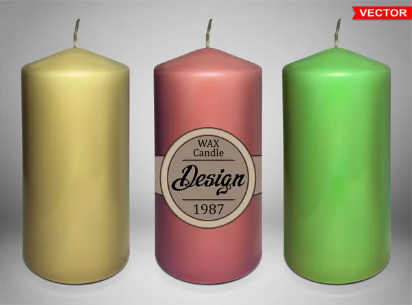 Realistic Big Colorful Paraffin Wax Aromatic Decorative Cylindrical Candles Fire — Wektor stockowy