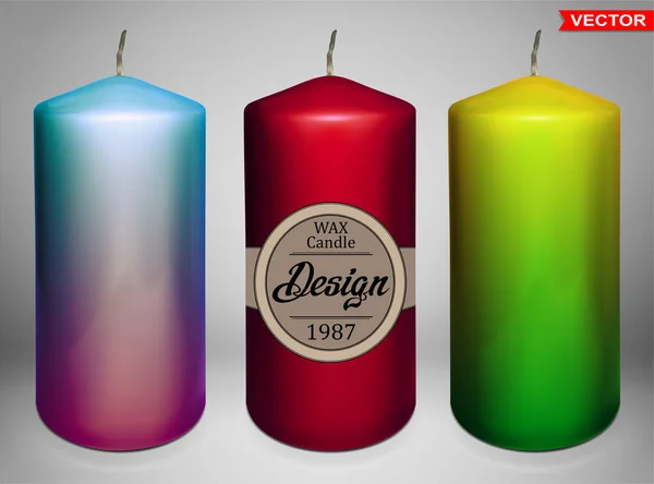 Realistic Big Colorful Paraffin Wax Aromatic Decorative Cylindrical Shiny Candles — Vetor de Stock