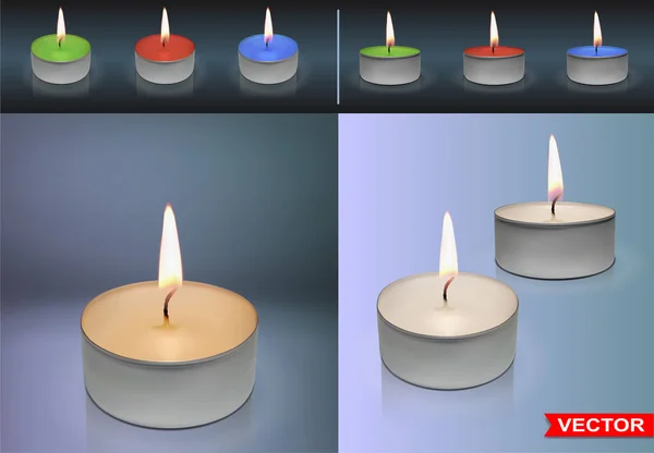 Realistic Small Colorful Paraffin Wax Aromatic Decorative Tealight Candles Metal — Vetor de Stock