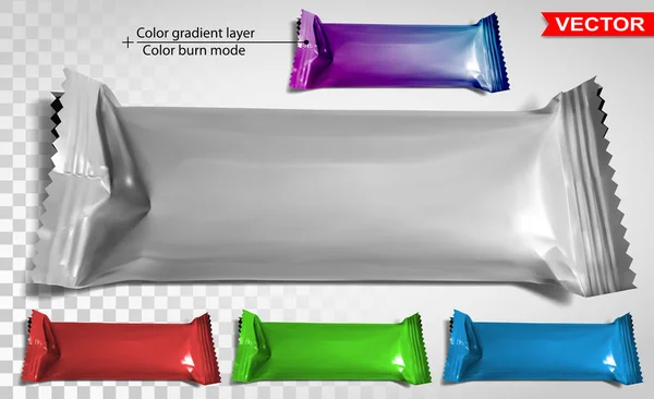 Färgglada Tom Polyetylen Förpackning Mockup Set För Mellanmål Produkt Chokladkaka — Stock vektor