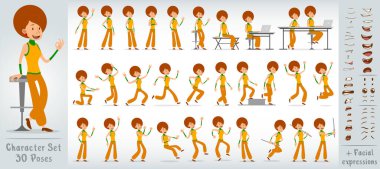 Çizgi film düz komik komik disko kız karakteri modaya uygun saç stili. 30 farklı poz ve yüz ifadesi. Beyaz arka planda izole edilmiş. Büyük vektör simgesi kümesi.