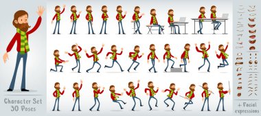 Sıcak kış eşarplı komik komik komik hippi çocuk karakteri. 30 farklı poz ve yüz ifadesi. Beyaz arka planda izole edilmiş. Büyük vektör simgesi kümesi.