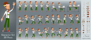 Çizgi filmdeki yeşil kostümlü komik noel baba şapkalı komik çocuk. 30 farklı poz ve yüz ifadesi. Beyaz arka planda izole edilmiş. Yeni Yıl büyük vektör simgesi seti.