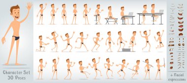 Çizgi film, mayolu komik yüzücü çocuk karakteri. 30 farklı poz ve yüz ifadesi. Beyaz arka planda izole edilmiş. Büyük vektör simgesi kümesi.