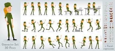 Çizgi film düz komik asker kız karakteri yeşil üniformalı ve şapkalı. 30 farklı poz ve yüz ifadesi. Beyaz arka planda izole edilmiş. Büyük vektör simgesi kümesi.