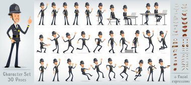 Çizgi film düz komik komik İngiliz polis çocuk karakteri gri üniformalı ve kasklı. 30 farklı poz ve yüz ifadesi. Beyaz arka planda izole edilmiş. Büyük vektör simgesi kümesi.