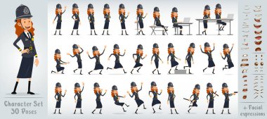 Çizgi film düz komik komik İngiliz kız karakteri gri üniformalı ve kasklı. 30 farklı poz ve yüz ifadesi. Beyaz arka planda izole edilmiş. Büyük vektör simgesi kümesi.
